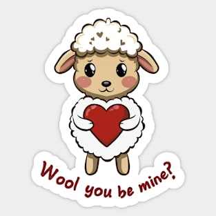 Funny Lamb Holding Red Heart With Text "Wool You Be Mine?" Sticker